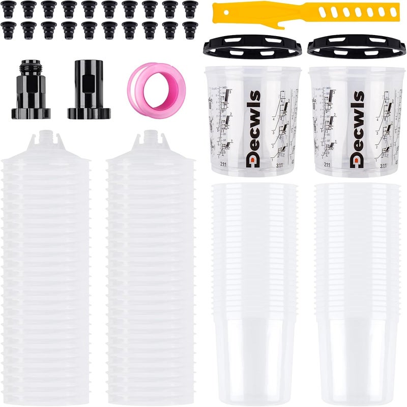Decwls Store Disposable Paint Cup System 20 Ounce (600ml) Kit - 50 Pack Paint Cups with Lids, 2 Hard Cup with Retainer Ring, 20 Plugs, 2 Cup Adapter, PTFE Tape, Paint Stirrer for Automotive Paint Gun - Image 1